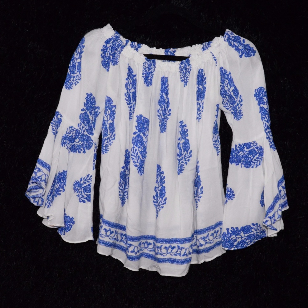White & Blue Flowy Blouse - Size S/M